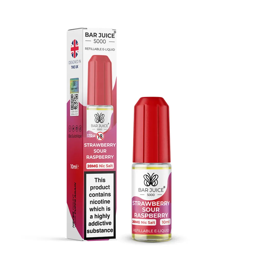 Bar Juice 5000 Strawberry Sour Raspberry e-liquid bottle and packaging on a white background
