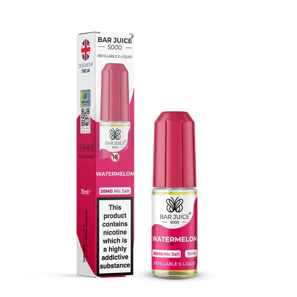 Bar Juice 5000 watermelon e-liquid bottle and packaging on a white background