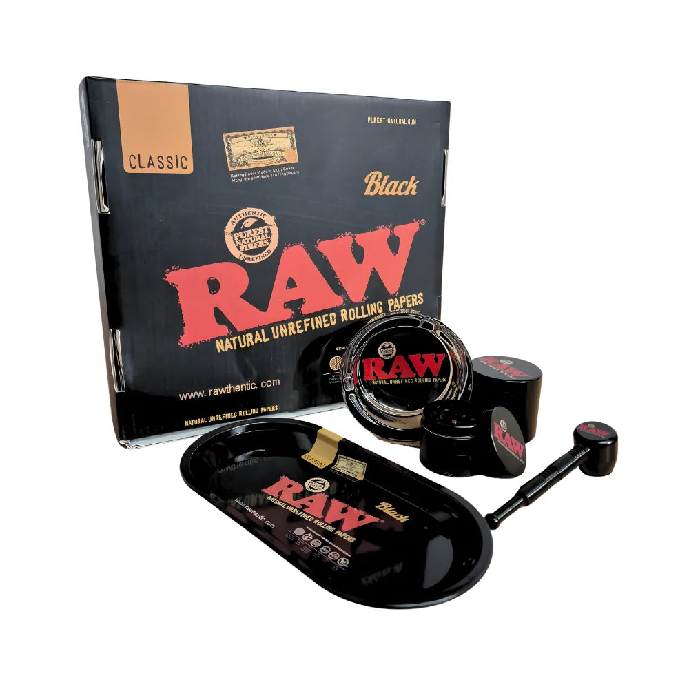 RAW rolling paper set with packaging on a white background