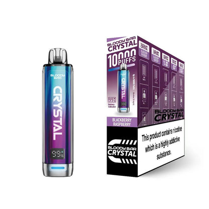Bloody Bar Crystal 10k vape device in "Blackberry Raspberry" flavour and packaging on a white background