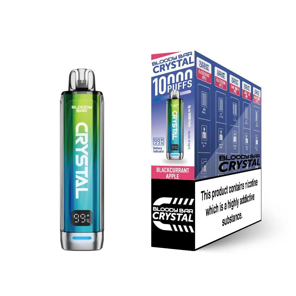 Bloody Bar Crystal 10k vape device in "Blackcurrant Apple" flavour and packaging on a white background