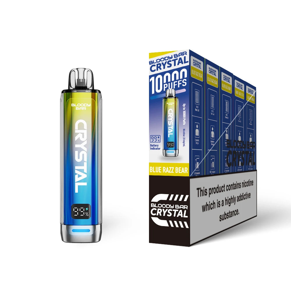 Bloody Bar Crystal 10k vape device in "Blue Razz Bear" flavour and packaging on a white background