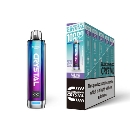 Bloody Bar Crystal 10k vape device in "Blue Razz Lemonade" flavour and packaging on a white background
