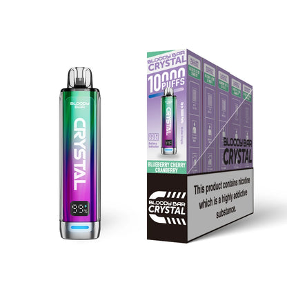 Bloody Bar Crystal 10k vape device in "Blueberry Cherry Cranberry" flavour and packaging on a white background