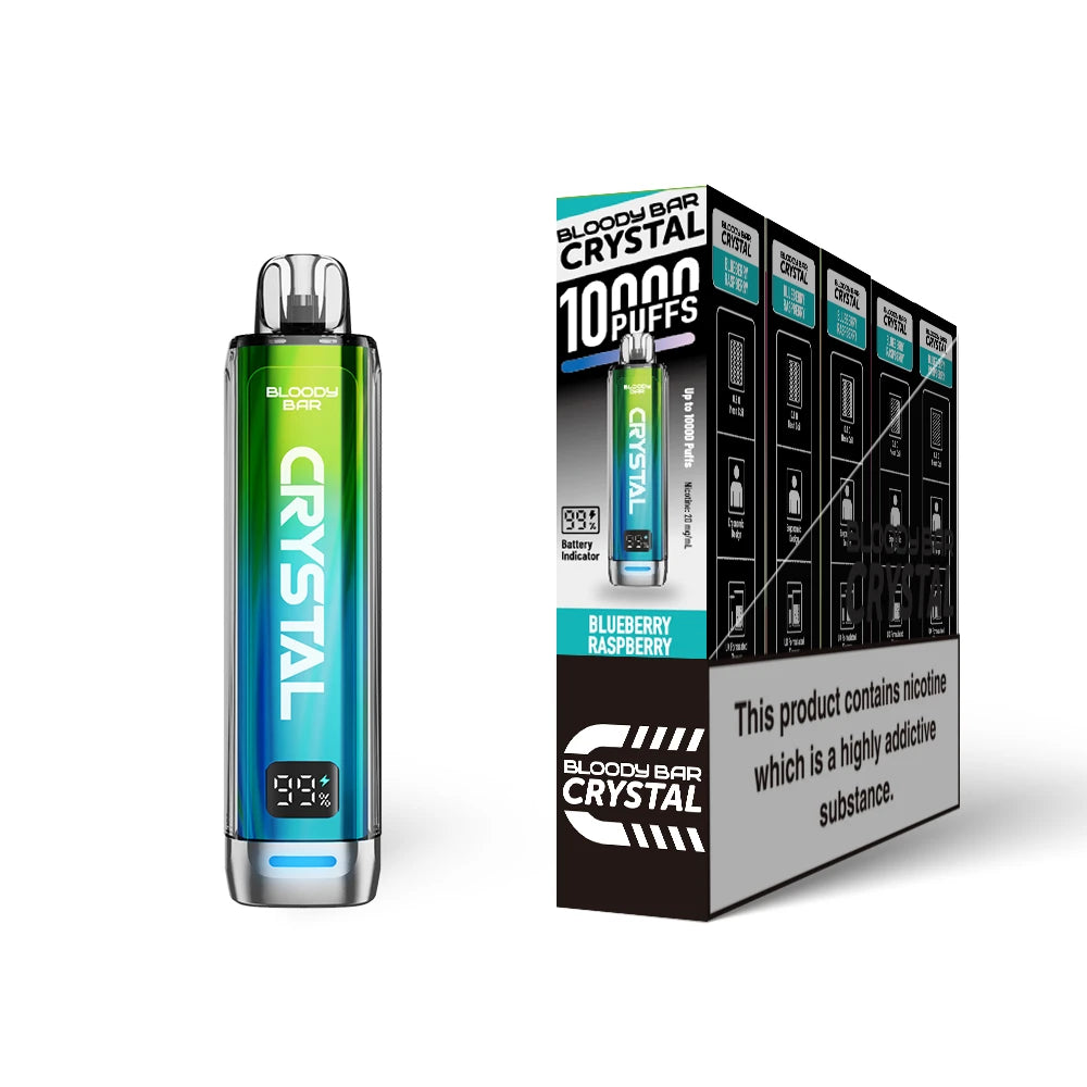 Bloody Bar Crystal 10k vape device in "Blueberry Raspberry" flavour and packaging on a white background
