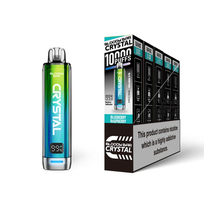 Bloody Bar Crystal 10k vape device in "Blueberry Raspberry" flavour and packaging on a white background