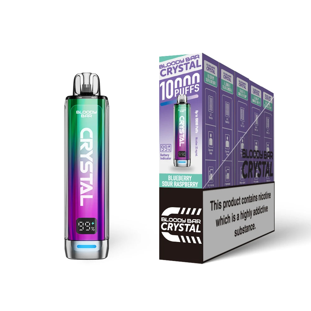 Bloody Bar Crystal 10k vape device in "Blueberry Sour Raspberry" flavour and packaging on a white background