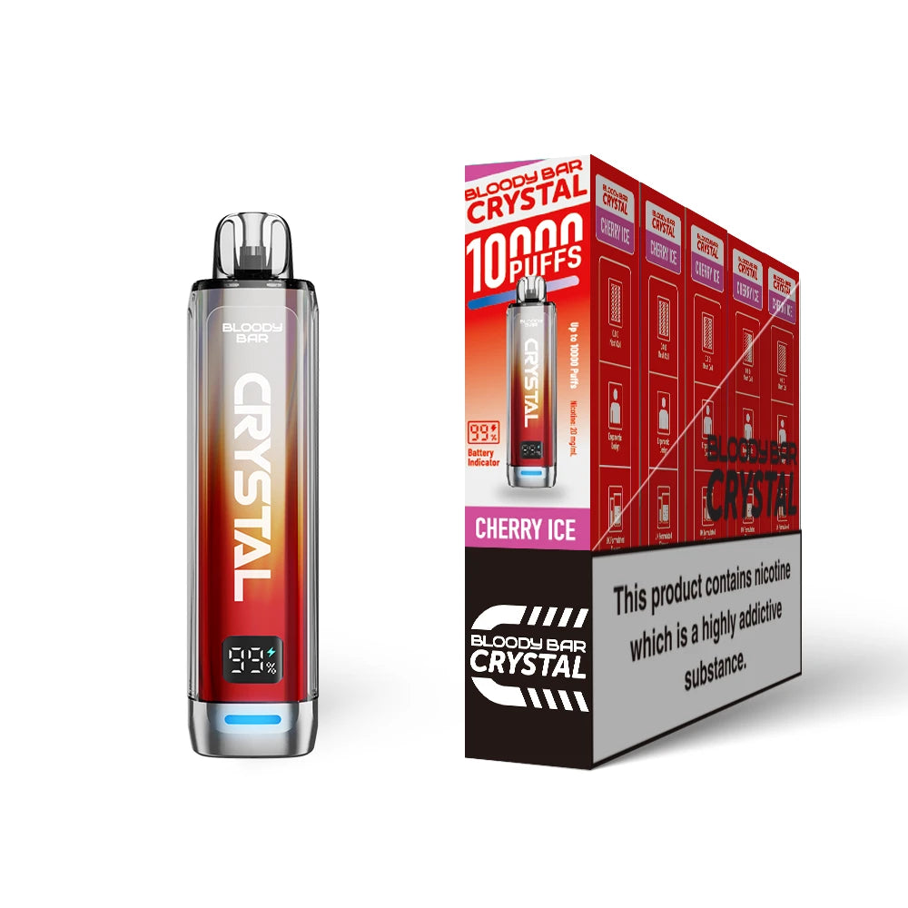 Bloody Bar Crystal 10k vape device in "Cherry Ice" flavour and packaging on a white background