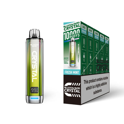 Bloody Bar Crystal 10k vape device in "Fresh Mint" flavour and packaging on a white background