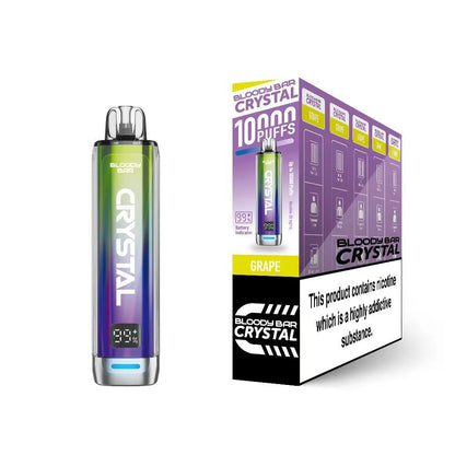 Bloody Bar Crystal 10k vape device in "Grape" flavour and packaging on a white background