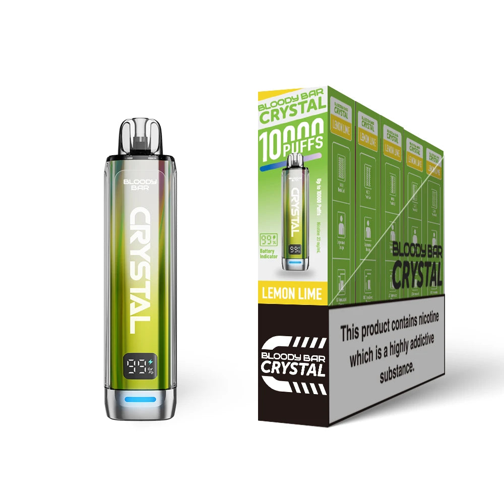 Bloody Bar Crystal 10k vape device in "Lemon Lime" flavour and packaging on a white background
