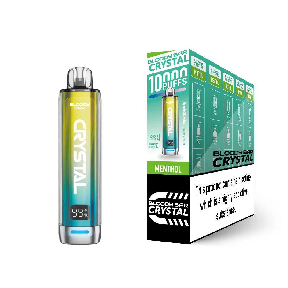 Bloody Bar Crystal 10k vape device in "Menthol" flavour and packaging on a white background