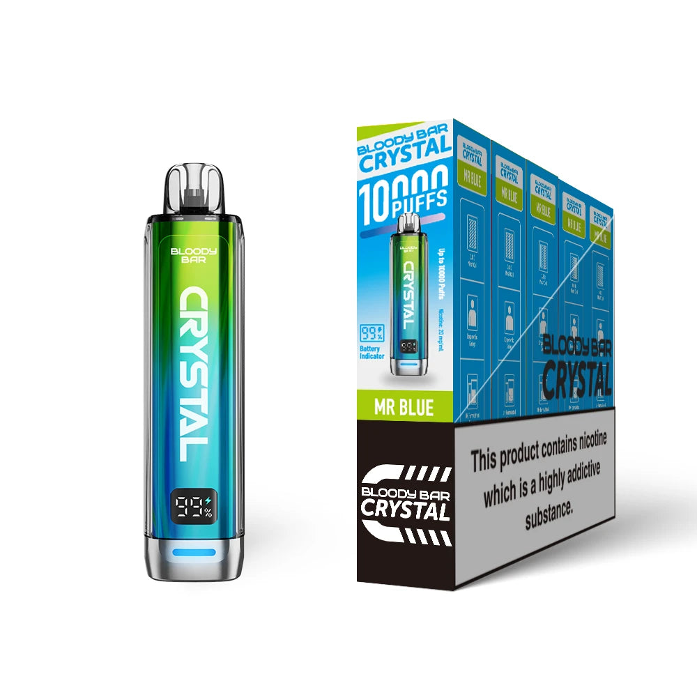 Bloody Bar Crystal 10k vape device in "Mr Blue" flavour and packaging on a white background