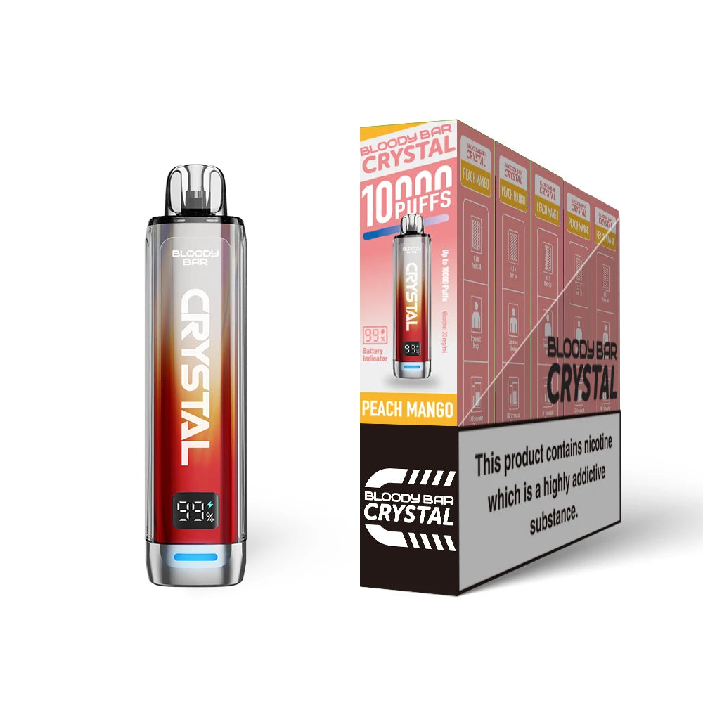 Bloody Bar Crystal 10k vape device in "Peach Mango" flavour and packaging on a white background