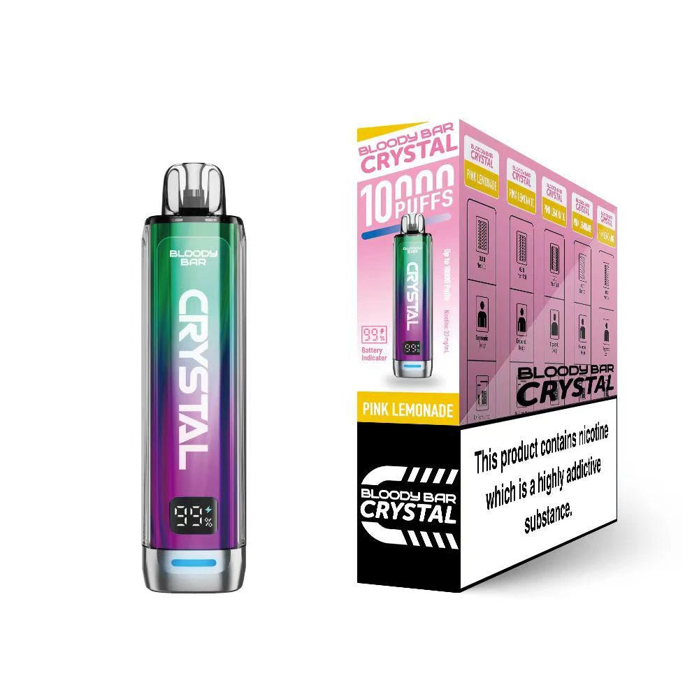 Bloody Bar Crystal 10k vape device in "Pink lemonade" flavour and packaging on a white background