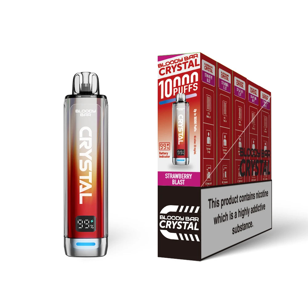 Bloody Bar Crystal 10k vape device in "Strawberry Blast" flavour and packaging on a white background