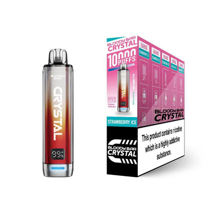 Bloody Bar Crystal 10k vape device in "Strawberry Ice" flavour and packaging on a white background