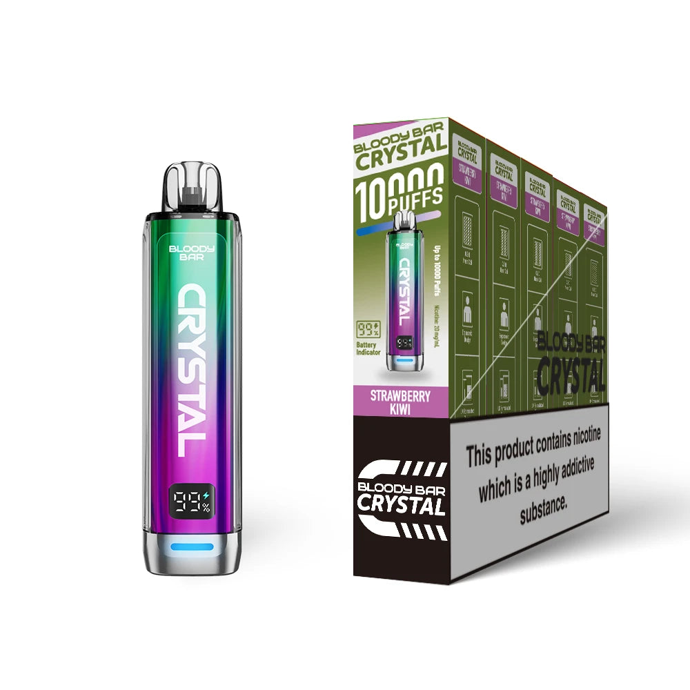 Bloody Bar Crystal 10k vape device in "Strawberry Kiwi" flavour and packaging on a white background