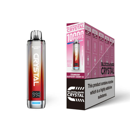 Bloody Bar Crystal 10k vape device in "Strawberry Raspberry Cherry Ice" flavour and packaging on a white background