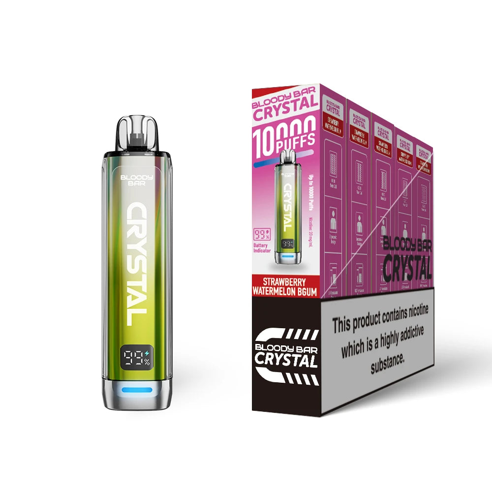 Bloody Bar Crystal 10k vape device in "Strawberry Watermelom BGUM" flavour and packaging on a white background