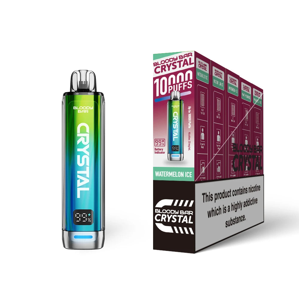 Bloody Bar Crystal 10k vape device in "Watermelon Ice" flavour and packaging on a white background
