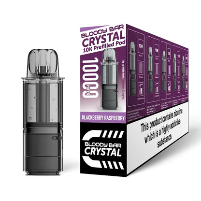Bloody Bar Crystal 10K refill pod in "Blackberry Raspberry" flavour beside corresponding packaging on a white background