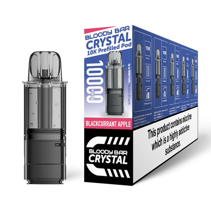Bloody Bar Crystal 10K refill pod in "Blackcurrant apple" flavour beside corresponding packaging on a white background