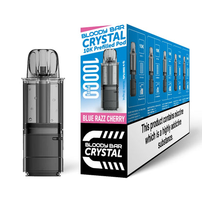 Bloody Bar Crystal 10K refill pod in "Blue Razz Cherry" flavour beside corresponding packaging on a white background