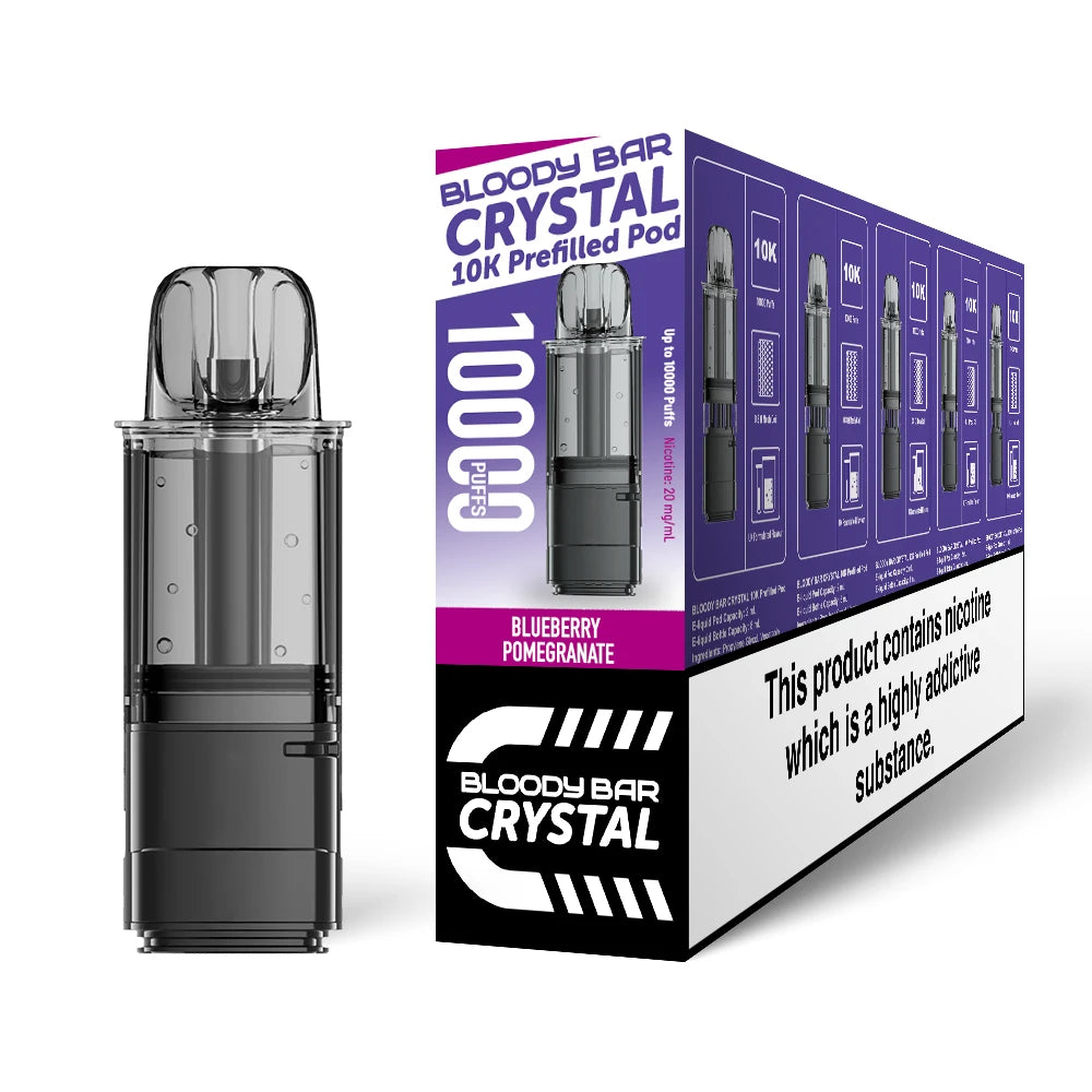 Bloody Bar Crystal 10K refill pod in "Blueberry Pomegranate" flavour beside corresponding packaging on a white background