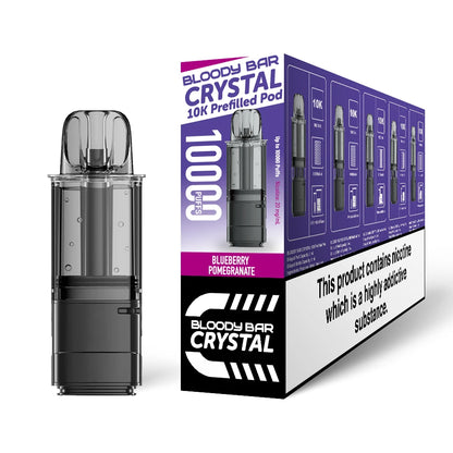 Bloody Bar Crystal 10K refill pod in "Blueberry Pomegranate" flavour beside corresponding packaging on a white background