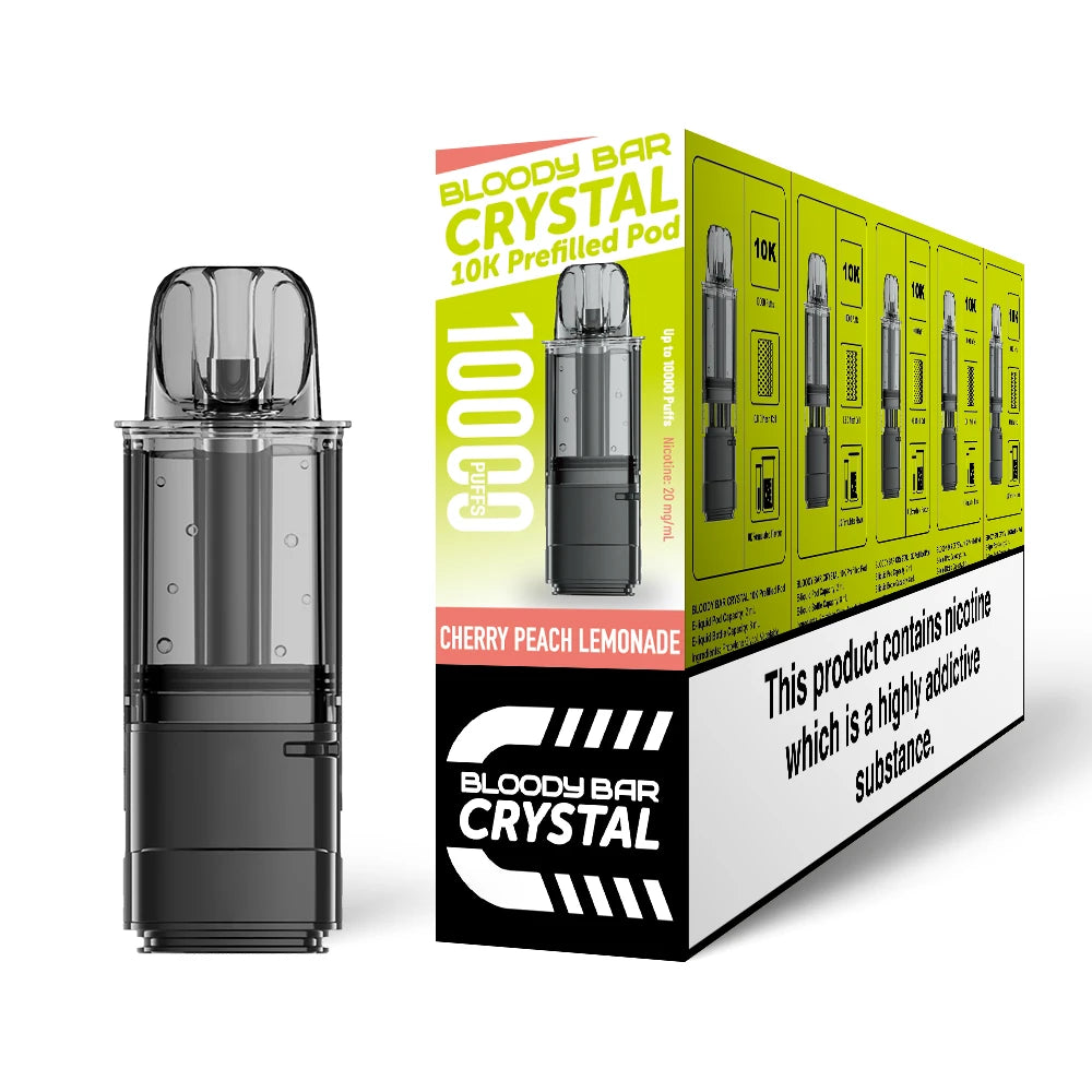 Bloody Bar Crystal 10K refill pod in "Cherry Peach Lemonade" flavour beside corresponding packaging on a white background