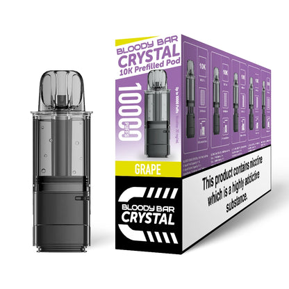 Bloody Bar Crystal 10K refill pod in "Grape" flavour beside corresponding packaging on a white background