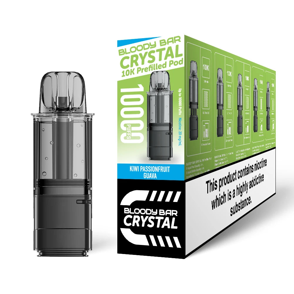 Bloody Bar Crystal 10K refill pod in "Kiwi Passionfruit Guava" flavour beside corresponding packaging on a white background