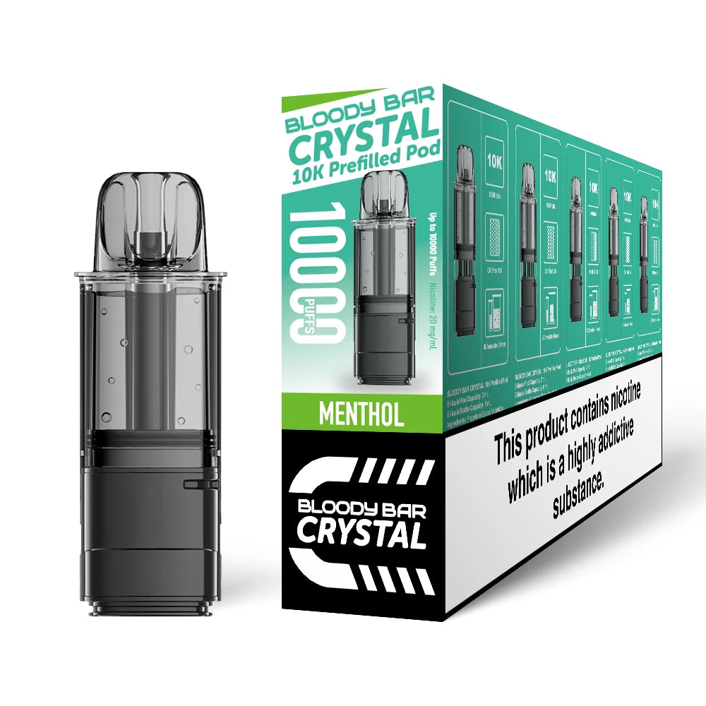 Bloody Bar Crystal 10K refill pod in "Menthol" flavour beside corresponding packaging on a white background