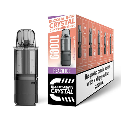 Bloody Bar Crystal 10K refill pod in "Peach Ice" flavour beside corresponding packaging on a white background