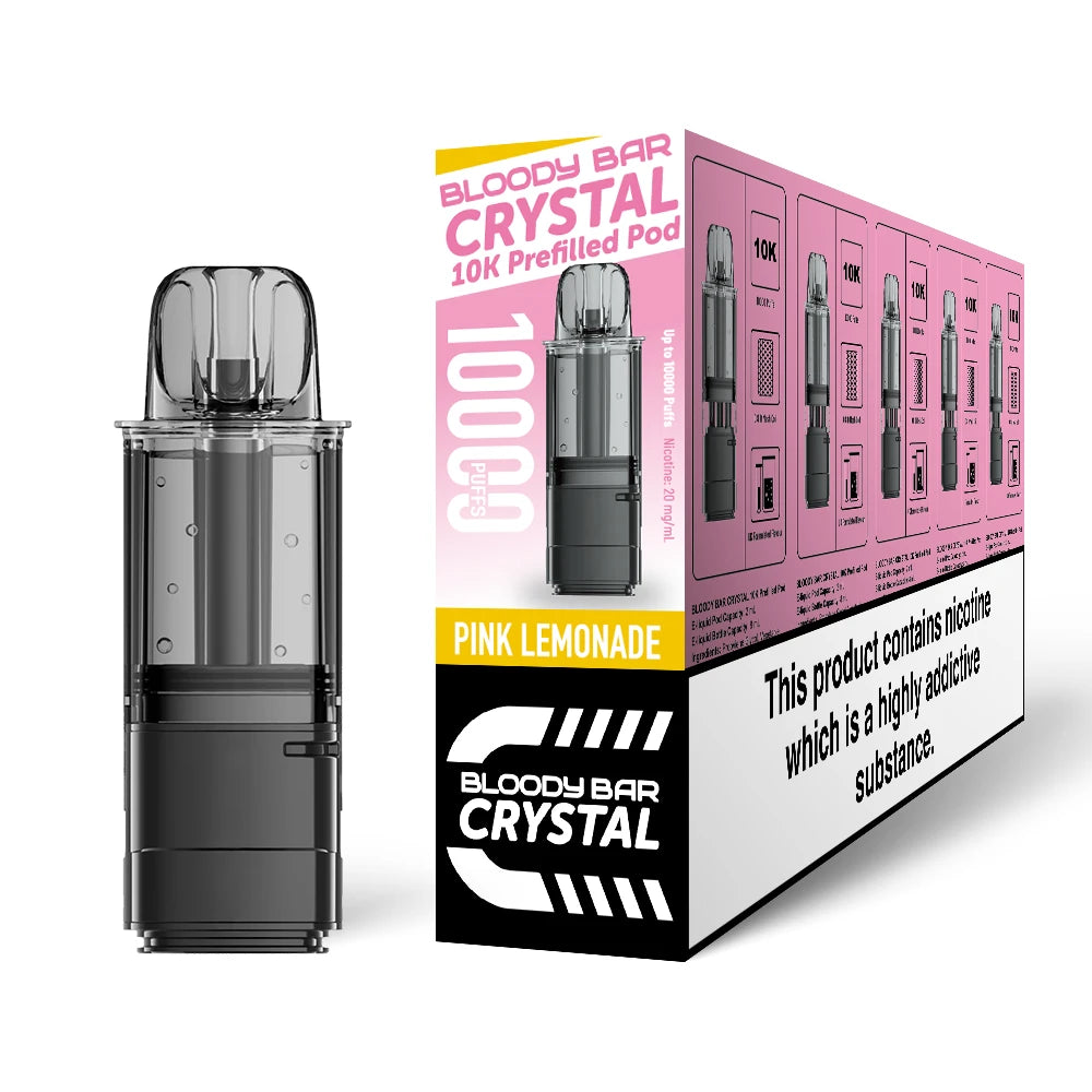 Bloody Bar Crystal 10K refill pod in "Pink Lemonade" flavour beside corresponding packaging on a white background