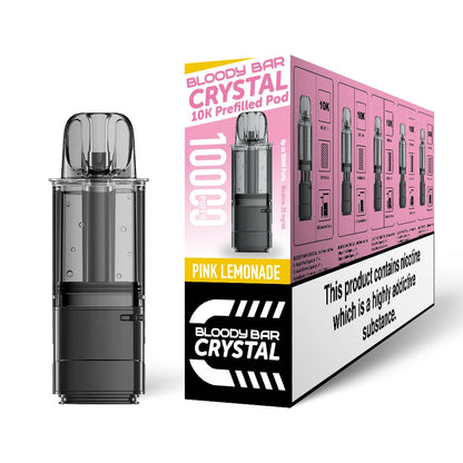 Bloody Bar Crystal 10K refill pod in "Pink Lemonade" flavour beside corresponding packaging on a white background