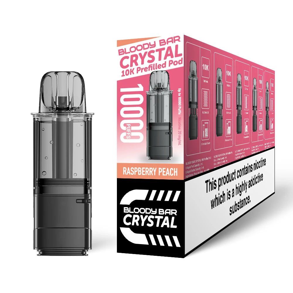 Bloody Bar Crystal 10K refill pod in "Raspberry Peach" flavour beside corresponding packaging on a white background
