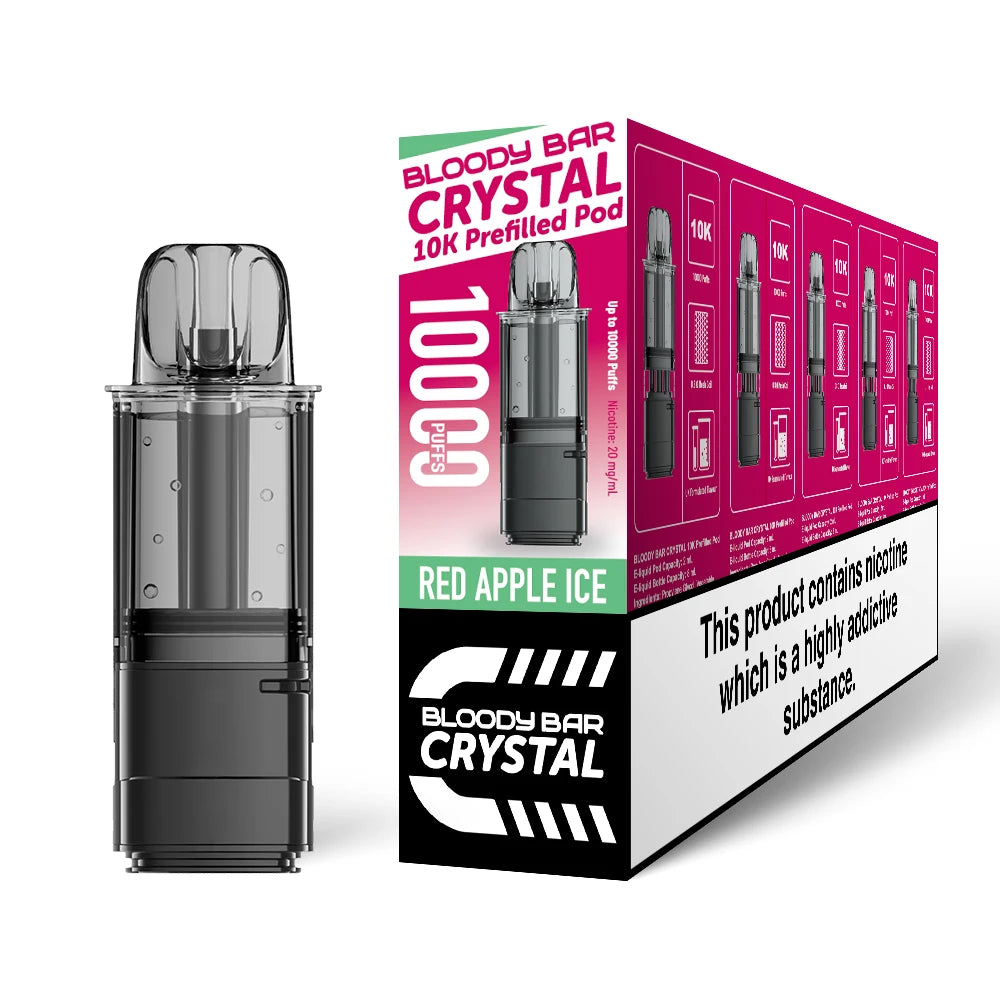 Bloody Bar Crystal 10K refill pod in "Red apple ice" flavour beside corresponding packaging on a white background