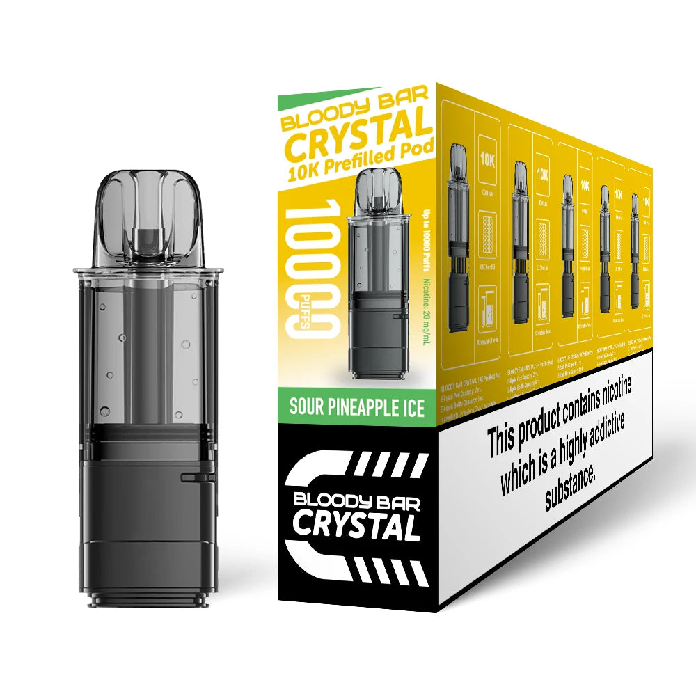 Bloody Bar Crystal 10K refill pod in "Sour Pineapple Ice" flavour beside corresponding packaging on a white background
