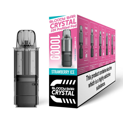 Bloody Bar Crystal 10K refill pod in "Strawberry Ice" flavour beside corresponding packaging on a white background