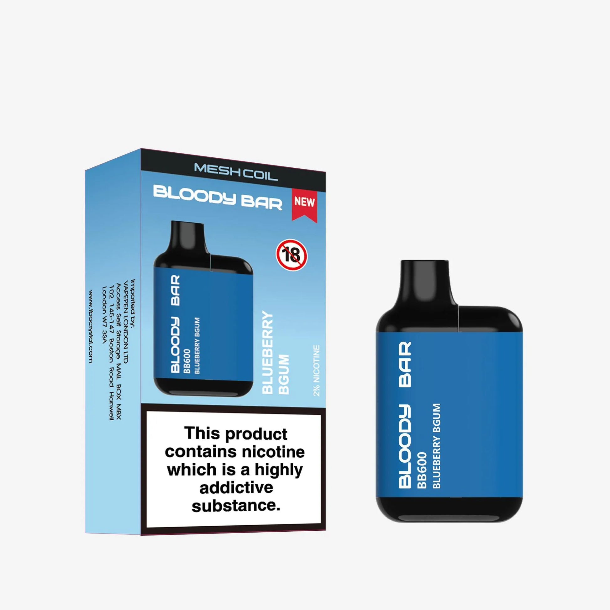 Blue Bloody Bar vape device and packaging on a white background