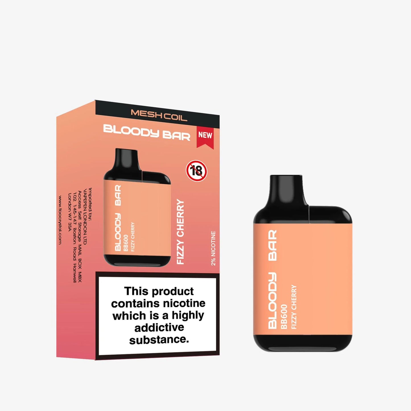 Bloody Bar vape device and packaging on a white background