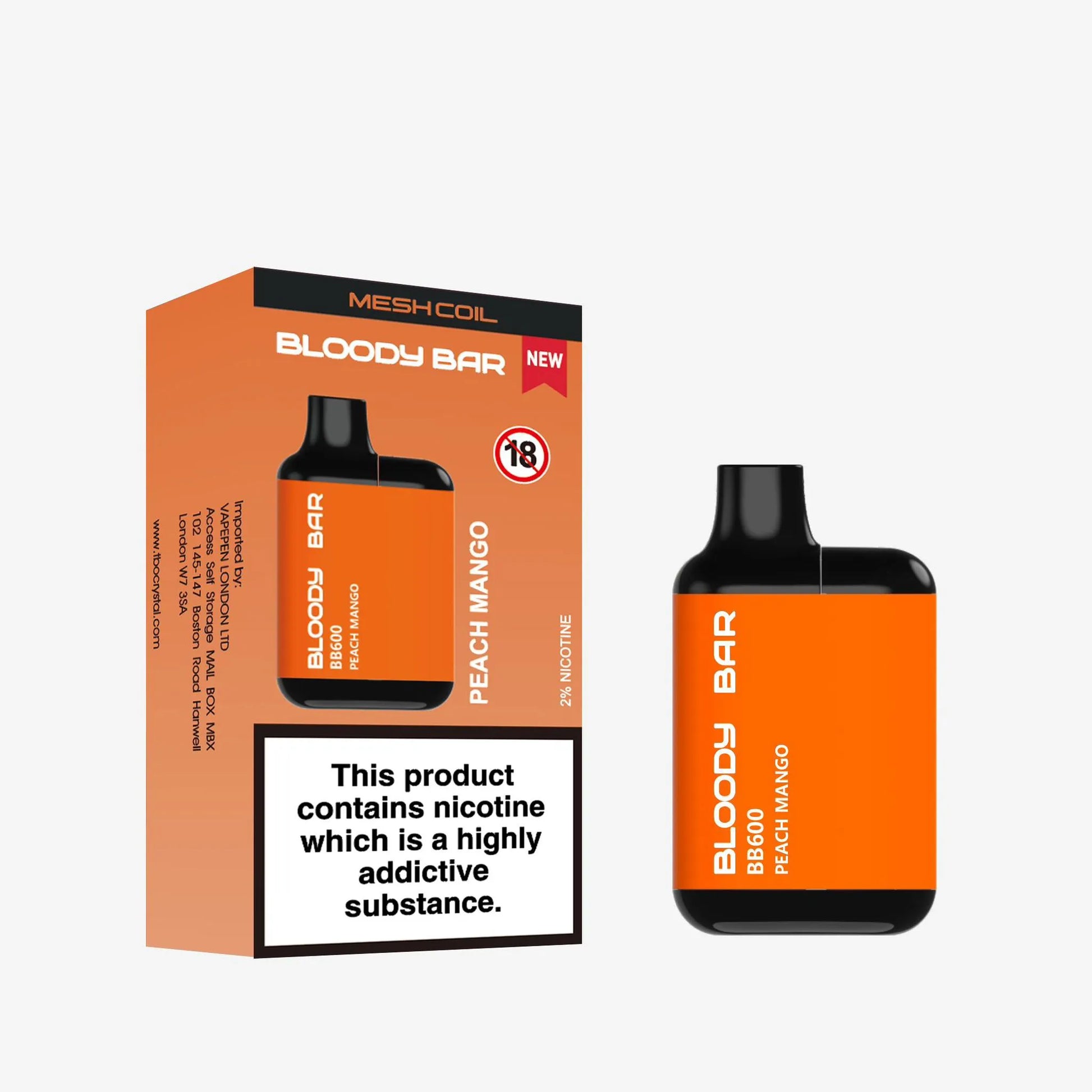 Orange Bloody Bar vape device and packaging on a white background