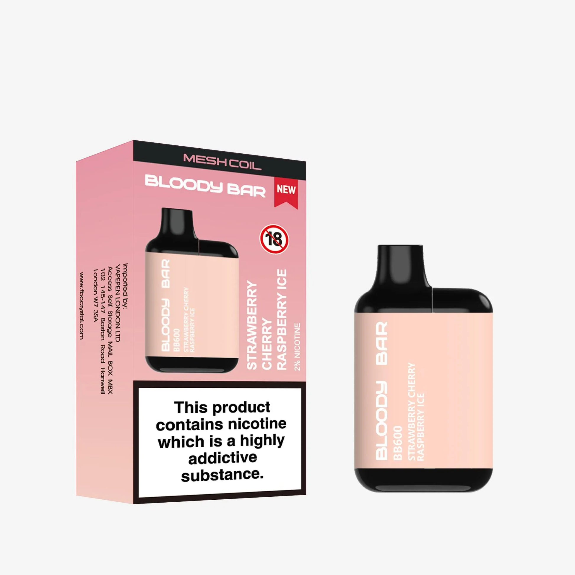 Bloody Bar Strawberry Cherry Raspberry Ice vape device and packaging on a white background