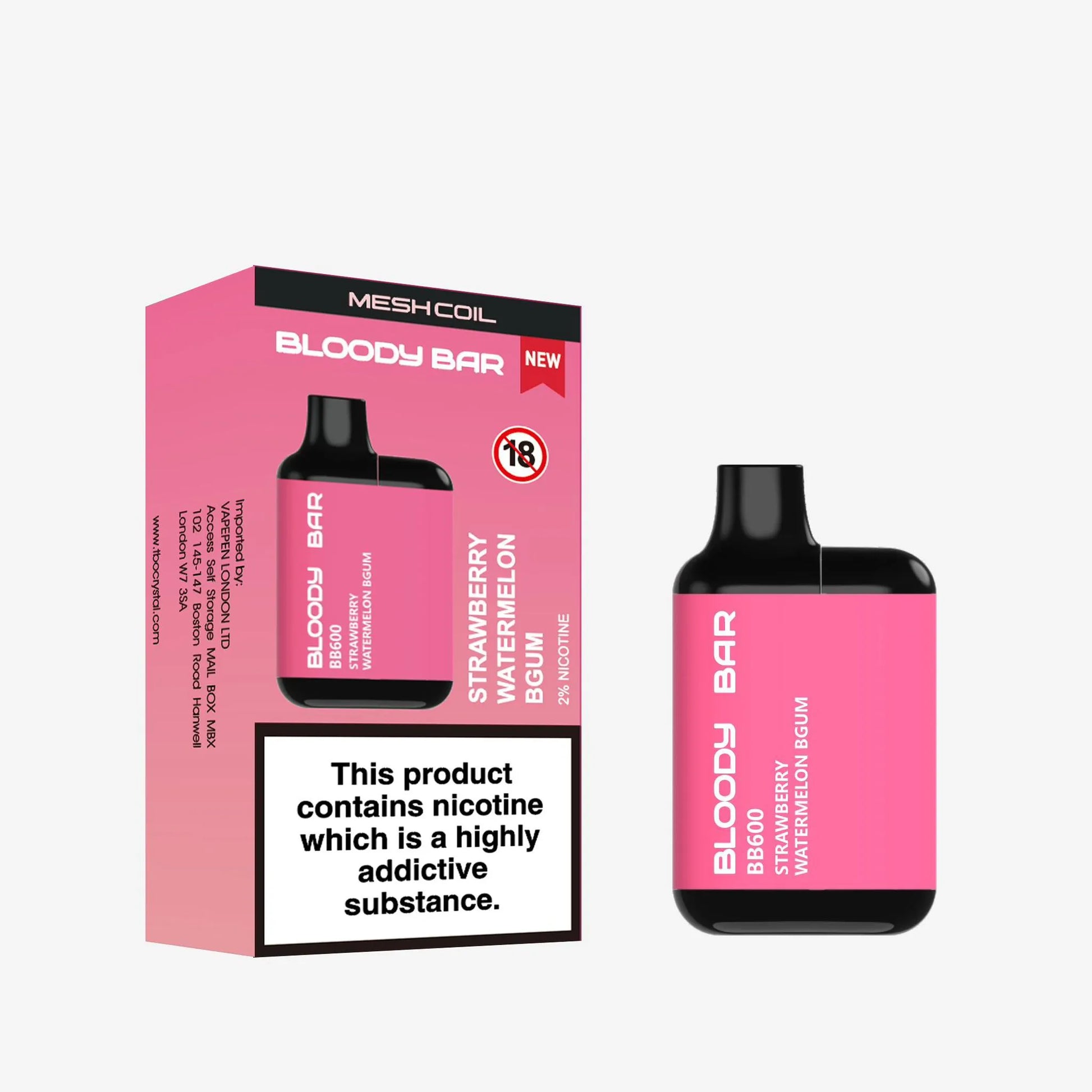 Pink Bloody Bar vape device and packaging on a white background