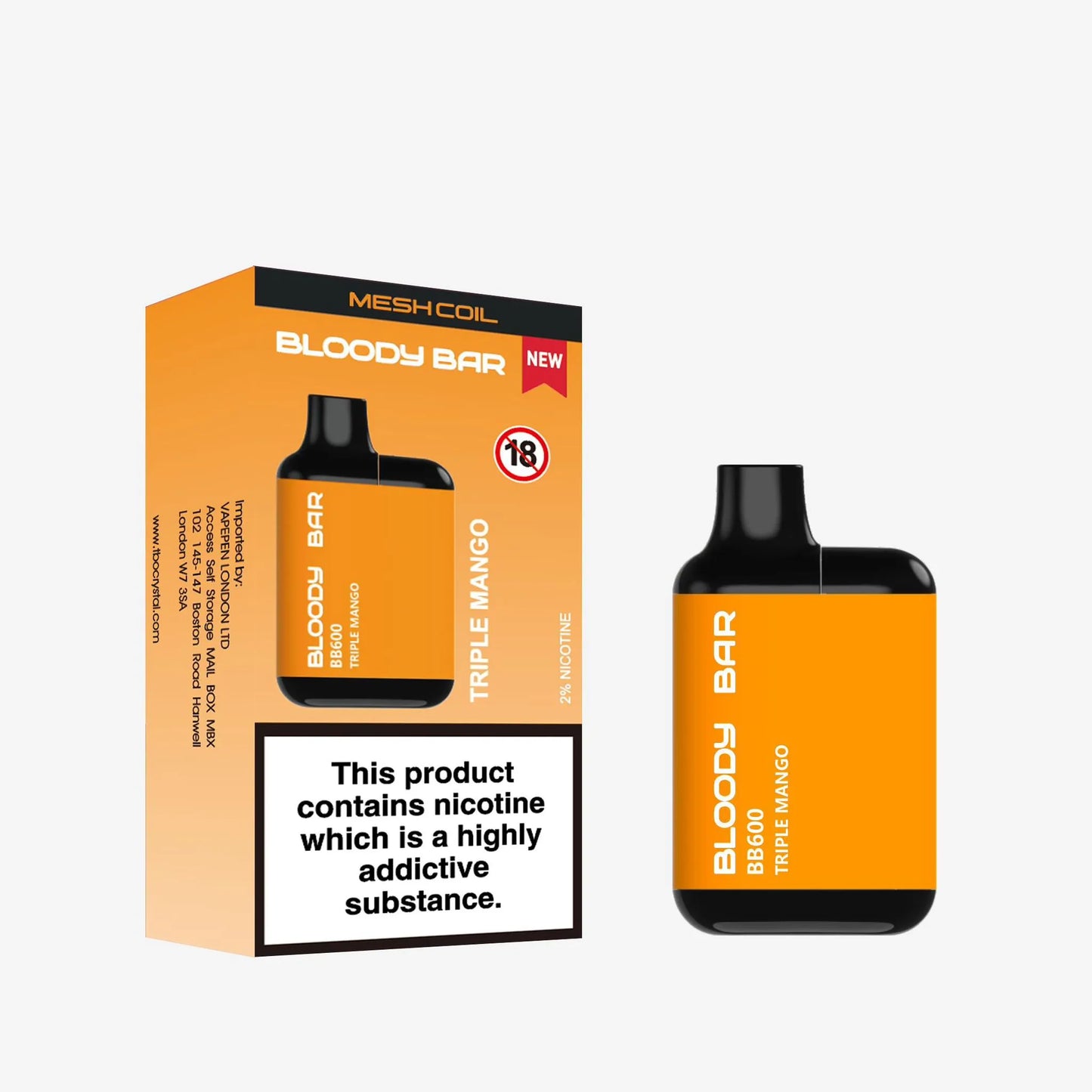 Bloody Bar vape device and packaging on a white background