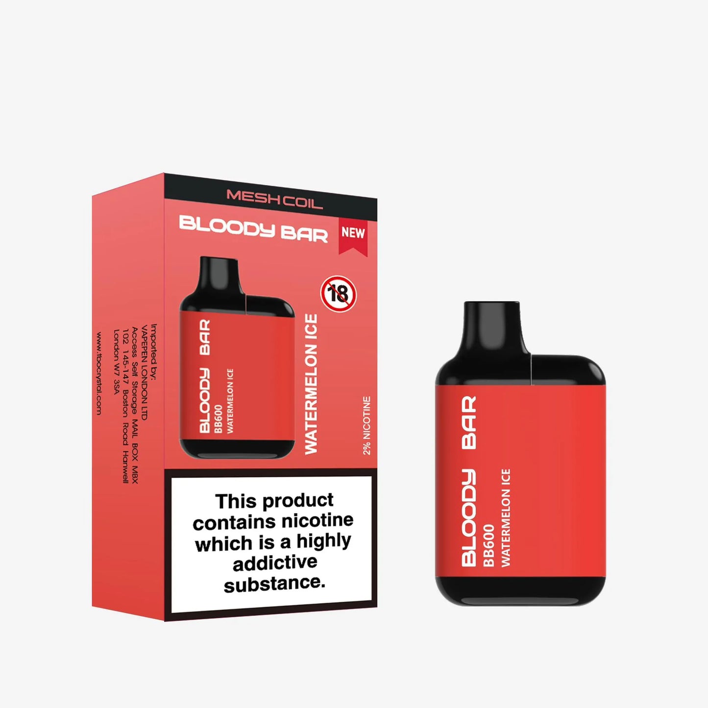 Red Bloody Bar vape device and packaging on a white background