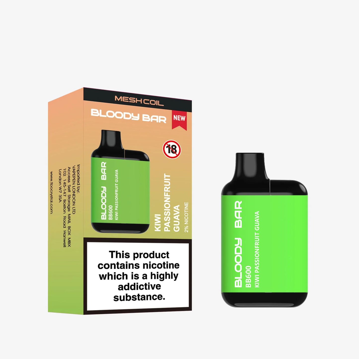 Bloody Bar vape device and packaging on a white background