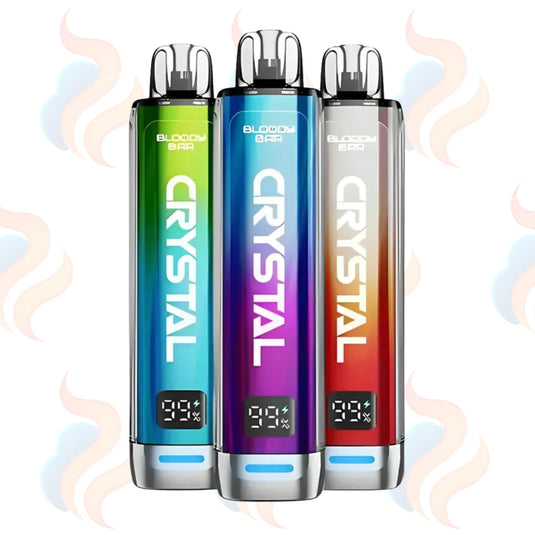 Three colourful vape devices labeled 'Bloody Bar Crystal' on a white background with decorative elements.
